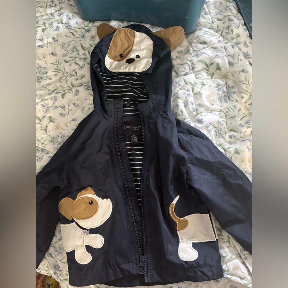 London Fog Navy Hooded Raincoat with Dog Appliqués